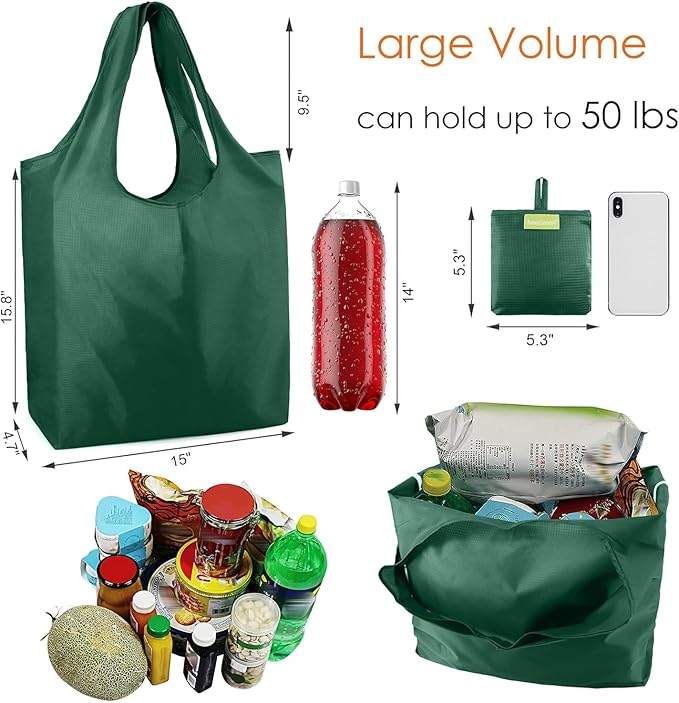 BeeGreen Christmas Green Reusable Grocery Bags Dark Green Reusable Kitchen Bags Bulk Foldable-Machine Washable with Zipper Storage Pouch 50 Packs