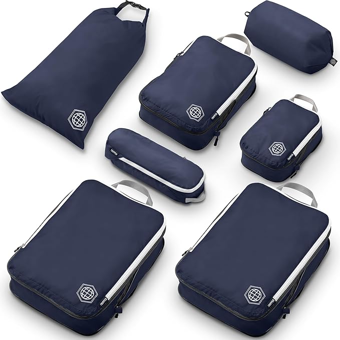 Large Compression Packing Cubes for Travel-Packing Cube Luggage Organizers 7 Piece Set for Checked Luggage-Ultralight, Expandable/Compression Bags by TRIPPED Travel Gear (Navy/White)