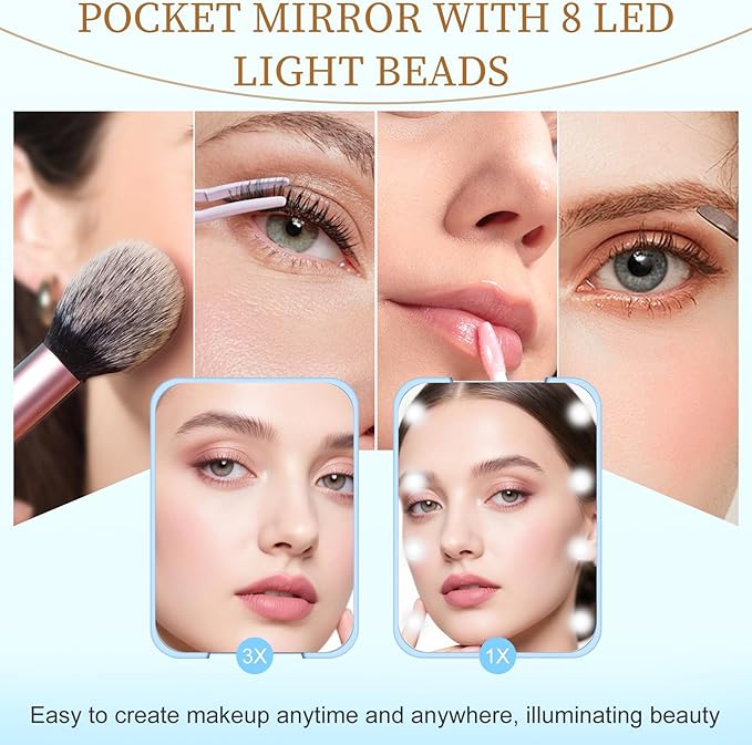 Kakuje Compact Mirror, 1X/3X Magnification LED Pocket Mirror with Nternal BIattery, Mini Mirror for Purse, Pocket,Travel and Present (Blue)