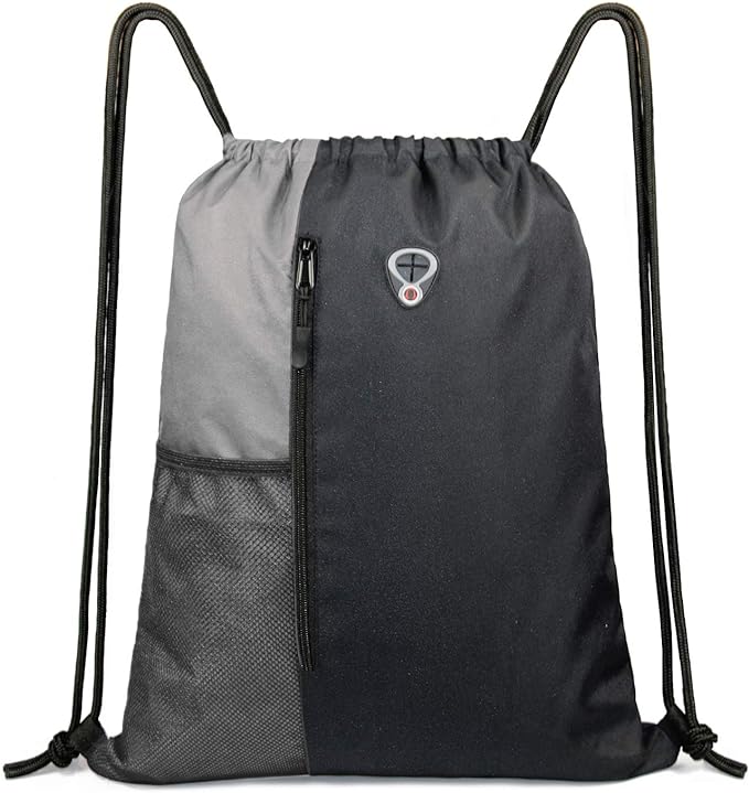 BeeGreem Grey Sport Bag Drawstring Backpack String Bag For Men Women Gym Backpack With Water Bottle Mesh Pockets And Two Zipper Pockets 16" x 20"