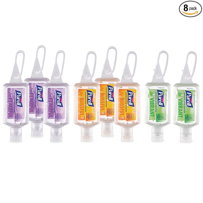 Purell Advanced Hand Sanitizer Gel Infused with Essential Oils, Scented Variety Pack, 1 fl oz Travel Size Flip Cap Bottles with JELLY WRAP Carrier (Pack of 8), 3900-09-ECME17