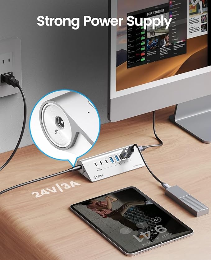 ORICO 7-Port USB 3.2 Gen2 Hub, Powered USB 3.2 Hub with 4 USB-A, 2 USB-C, PD 60W, 72W Power Adapter, 10Gbps Aluminium USB-Splitter with 3.28Ft USB-C to USB-C Cable for iMac, MacBooks, Mac mini