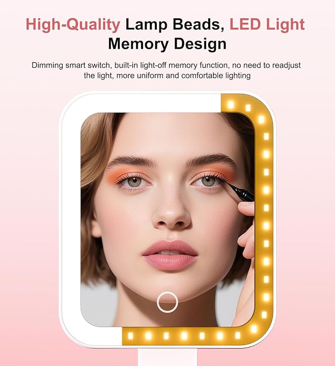 Travel Makeup Mirror with Lights 10X/1X Double-Sided Magnifying LED Beauty Mirror Rechargeable Portable Vanity Mirror with 3 Color Lighting Smart Touch Dimming Desktop Handheld Hanging (Pink)