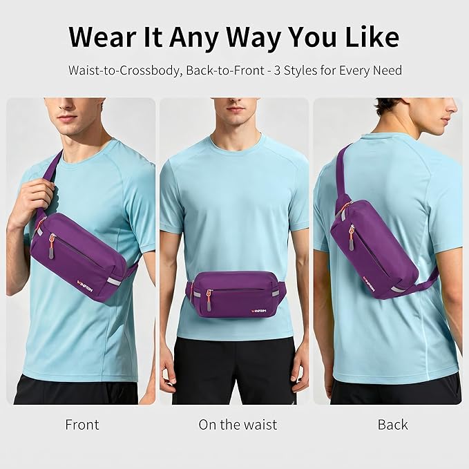 Fanny Pack for Men Women 2L Lightweight Waist Belt Hip Bag Slim Crossbody Adjustable Water Resistant Bum Belt Pouch for Travel Running Shopping Hiking Cycling Climbing EDC PURPLE