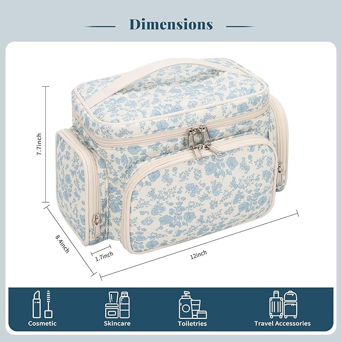 Bagmoly Large Cotton Makeup Bag, Quilted Floral Makeup Bag Organizer for Women Girls with Makeup Brush Compartment & Two Side Pockets, Cosmetic Travel Bag Vertical Storage- Blue Flower