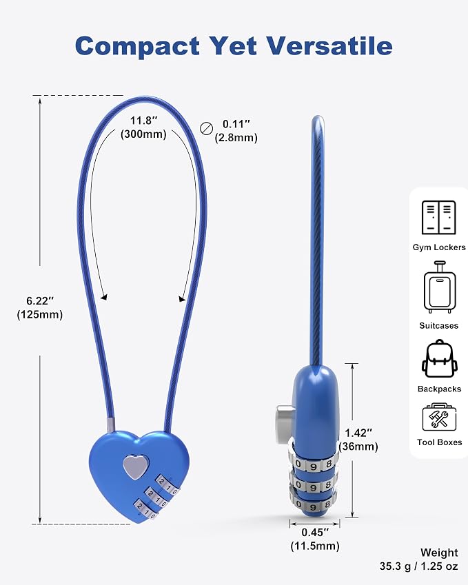 3 Digit Combination Lock, Thin Cable Lock with Code, Cable Padlock Combination, for Travel Essentials, Luggage, Helmet, Stroller, Wardrobe Closet, French Refrigerator Door, Pool Gate
