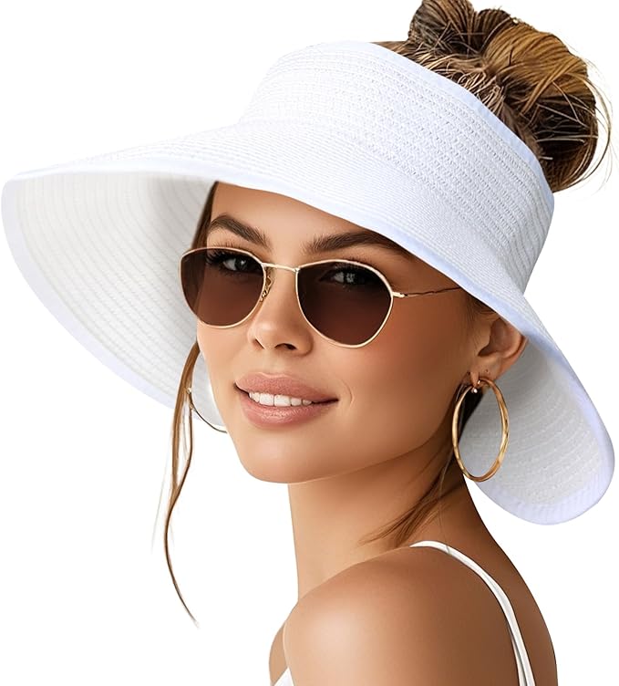 NPQQUAN Sun Visor Hats for Women Wide Brim Ponytail Straw Beach Hat Packable Foldable UPF 50+ Floppy Travel Hats