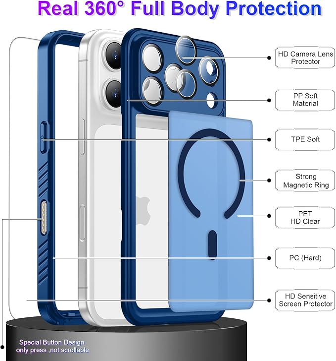 Magnetic Compatible with iPhone 17 Pro Max Case,Waterproof Built-in Screen & Camera Protector IP68 Underwater Full Body Military Dropproof Translucent Matte Phone Case 6.9"-Mag/Blue