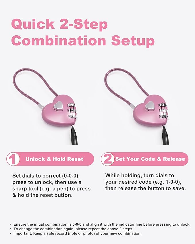 Small Cable Lock with Combination, Combo Lock with Code, Pink Cable Padlock for Luggage, Cabinet, Closet, French Fridge Door, Stroller, Bike Helmet, Pet Cage, Pool Gate, Outdoor Fence