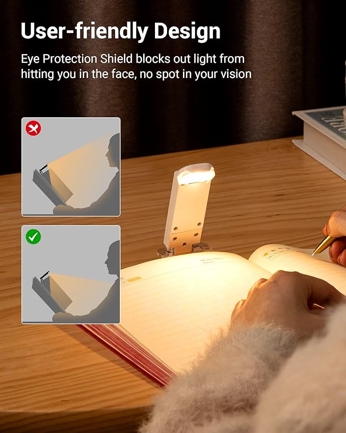 DEWENWILS Book Reading Light, Rechargeable Booklight for Reading at Night, Clip on LED Book for Kids, Bookworms, Blue Light Blocking, 4 Brightness Adjustable for Eye Care (White)