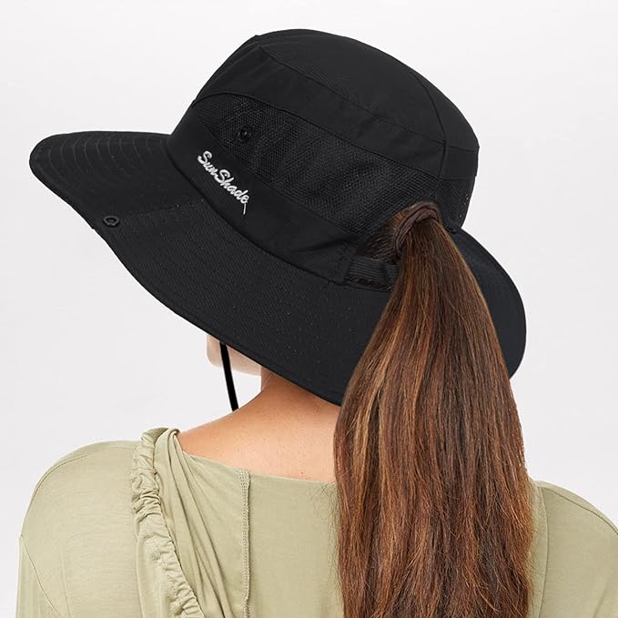 Sun Hat for Women Summer UV Protection Beach Hat Wide Brim Mesh Bucket Fishing Hat with Ponytail Hole Foldable Packable Hat