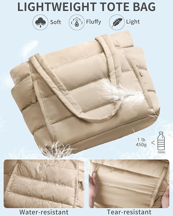 Bagstellar Puffer Tote Bag for Women, Lightweight Puffy Work Handbag Teacher Nurse Quilted Shoulder Bag for School Travel Gym | Cloud Bag w/ Zipper