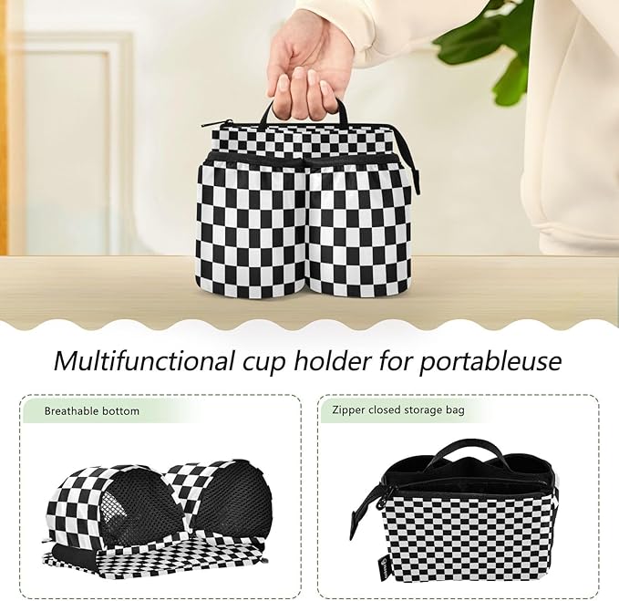 Luggage Cup Holder for Suitcases Free Hands Suitcase Cup Holder Travel Luggage Drink Holder Portable Luggage Cup Caddy Bag Carrier with Handle Checkered Black and White
