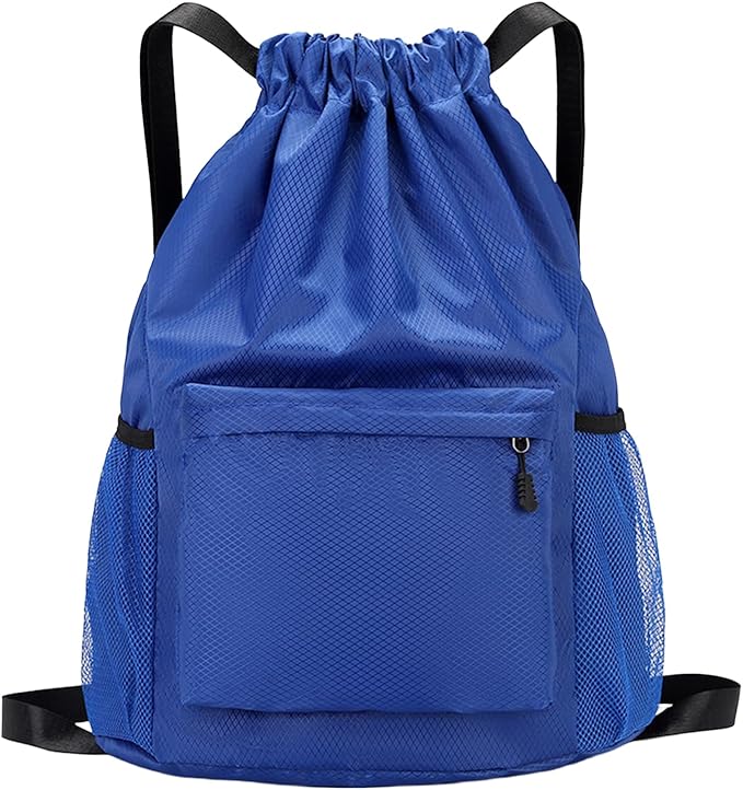 Tygelluis Drawstring Backpack, Waterproof Gym Bag with Water Bottle Pocket for Women Men, Pull String Sport Bag for Swim, Soccer and Basketball, Royal Blue