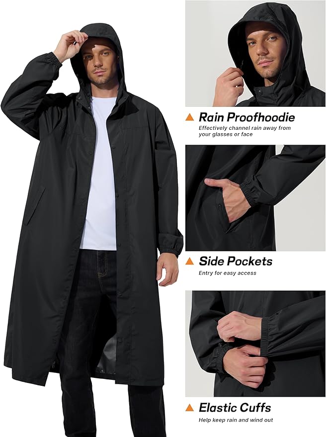 UIQUR Men's Rain Jacket Lightweight Long Raincoat Hood Rain Poncho Waterproof Windbreaker Cycling Running Hiking Packable