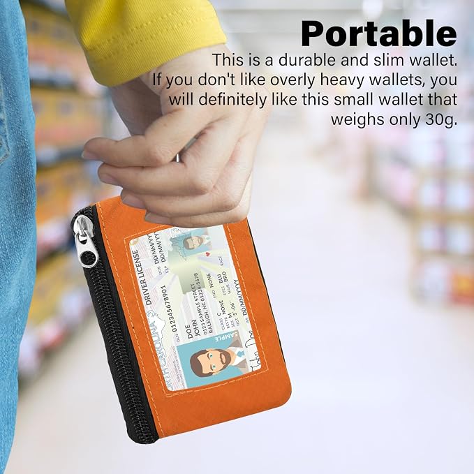 Minimalist RFID Wallet with Lanyard, Multi-Functional ID Case with 2 Zipper Pockets and Key Chain for Men and Women, Tactical Badge Pouch Cards Holder, Coin Purse for Travel Sports - Orange