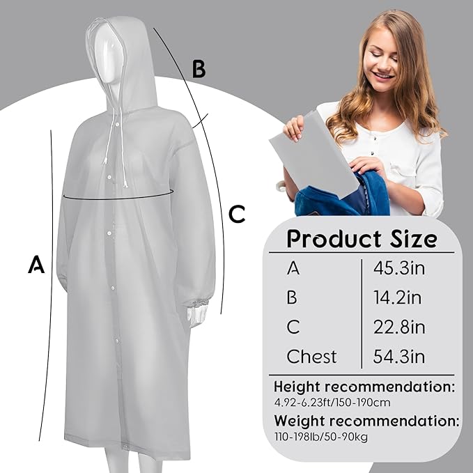 Rain Ponchos for Adults Reusable Rain Coats with Hood and Drawstring Thicken Ponchos Waterproof for Women(Grey)