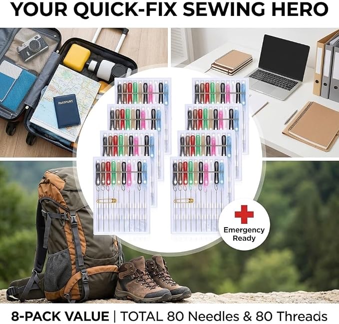 Mini Sewing Kit, 80 Pieces in 8 Compact Cases with Pre-Threaded Needles, Assorted Color Threads, Safety Pin, Shirt Buttons, Portable Travel Emergency Repair Kit for Home, Hotel, Business Trip