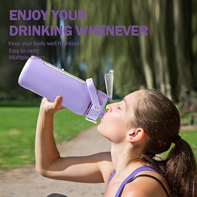56oz Glass Water Bottles with Straw, Motivational Glass Bottle with Silicone Sleeve and Time Marker, Leakproof Large Glass Water Jug for Gym Home Office,Purple