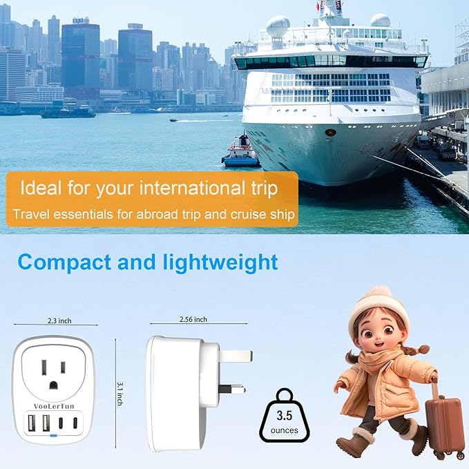 Type G Adapter for Travel US to UK Plug Adapter Outlet Converter with Multi USB Port, Electrical Outlet Power Adapter for Ireland Scotland Dubai England Hongkong Travel Cruise Essential