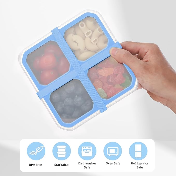 BEFOY 4 Pack Stainless Steel Snack Containers with Lids 4 Compartment Food Storage Containers for Adults & Kids Meal Prep Containers Reusablele (Sky blue, 4)