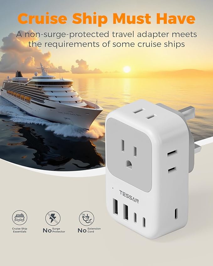 Type G Adapter for Travel 28W, TESSAN US to UK Plug Adapter with 4 Outlets 5 USB Ports (3 USB-C), Power Outlet Adaptor for USA to Ireland England London British Scotland Hong Kong Kenya, 2 Packs