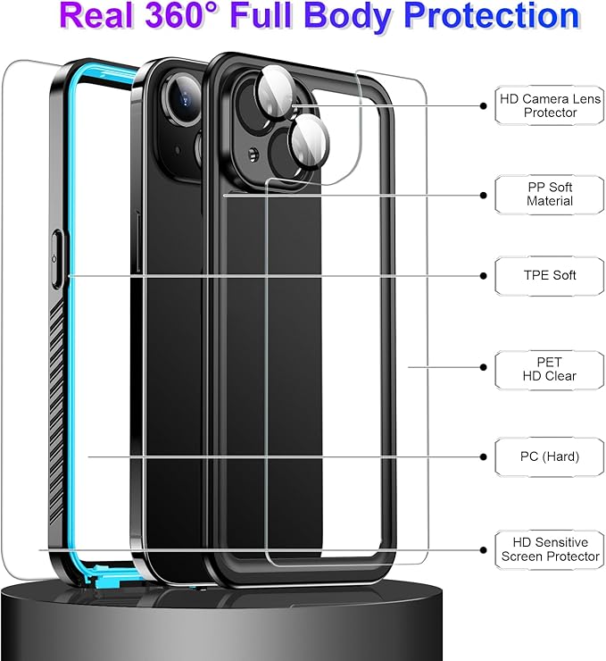 Compatible with iPhone 14 Case Waterproof, Built-in Screen & Camera Protector IP68 Underwater Full Body 14FT Military Dropproof Shockproof Phone Case 6.1"-Blue/Clear