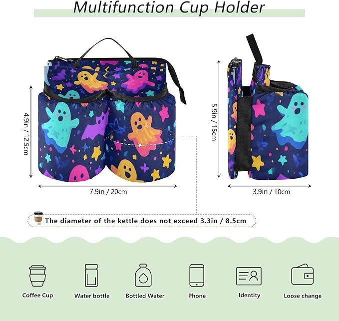 Luggage Cup Holder for Suitcases Free Hands Suitcase Cup Holder Travel Luggage Drink Holder Portable Luggage Cup Caddy Bag Carrier with Handle Neon Halloween Ghosts Stars Bats