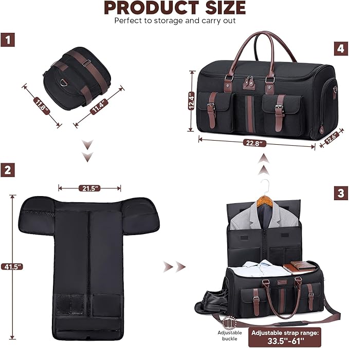 Carry on Garment Bag,Vessgra 2 in 1 Duffle Bag for Travel Convertible Garment Duffel Bags for Men Women Inner Dry/Wet Compartment Suit Bag Travel with Shoe Compartment Bussiness Weekender Trip,Black