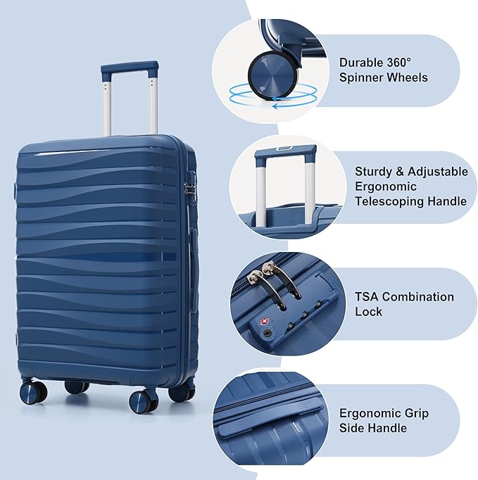 Hardshell Luggage Sets, Lightweight Wave Suitcases with Spinner Wheels, PP Blue