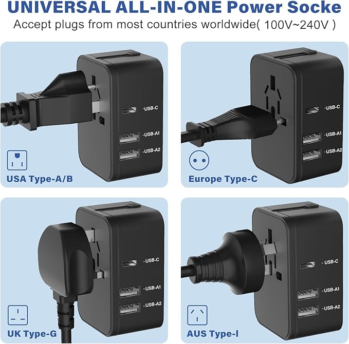 Travel Plug Adapter with 2 USB A+1 USB C,Universal All in One Worldwide Travel Adapter,Power Converters Wall Charger,AC Power Plug Adapter,International Power Adapter for USA EU UK AUS Black