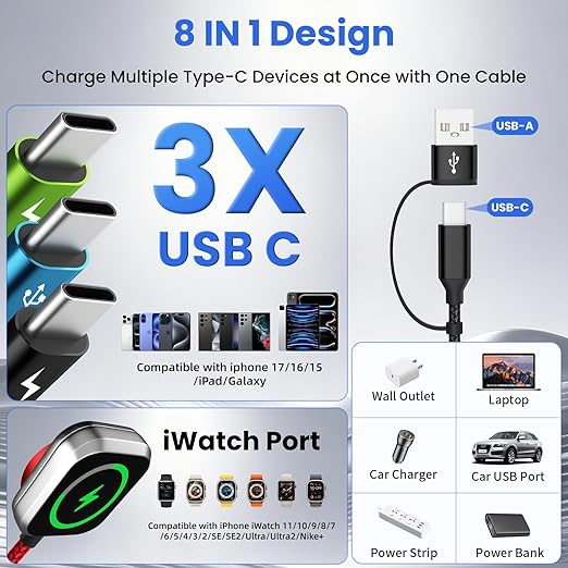3 Type-C 4 in 2 Multi Charging Cable for iWatch Charger, Car Accessories USB C Splitter Cable iWatch Ultra/SE/11-2, iPhone 17-14, Android/Tablets and More (2PACK 5FT)