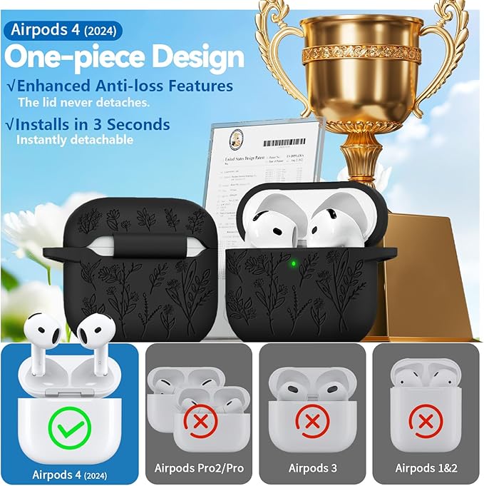 for Airpods 4 Case, Ekoonpft Flower Engraved Cases for Apple AirPods 4th Generation 2024, Soft Silicone Cover for Women Girly with 3-in-1 Cleaner Kit, Keychain, Military Grade Protection