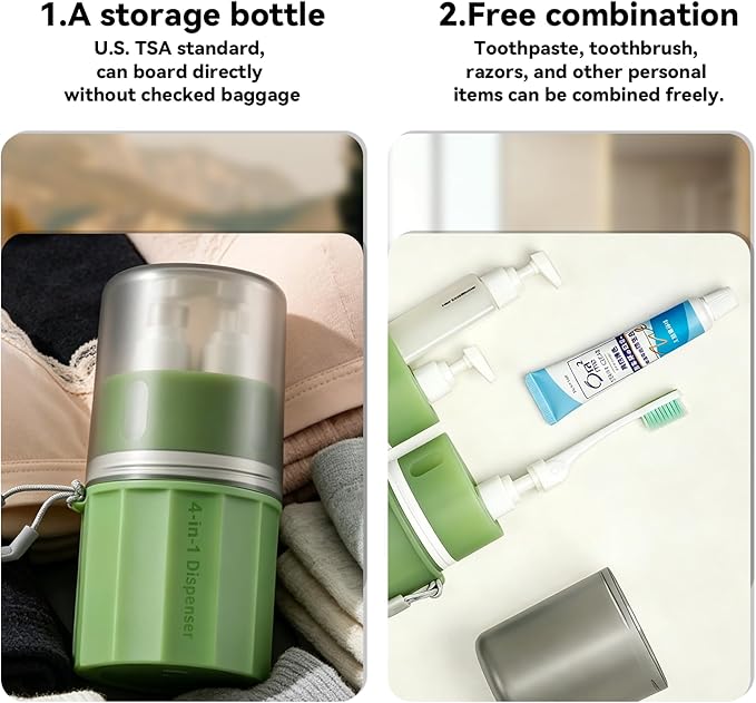 4 in 1 Travel Dispenser，Unbreakable Silicone Travel Dispenser Bottle, Vacuum Suction Wall Mounted Refillable Containers,Leakproof Toiletry Containers for Shampoo, Lotion, Baby Care-Green.