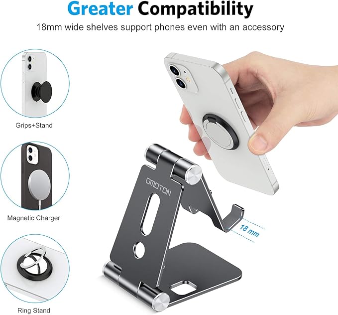 OMOTON Foldable Cell Phone Stand, C4 Portable Aluminum Phone Holder, Adjustable Phone Dock Cradle Compatible with iPhone 17/16/15 Pro Max, Samsung Galaxy, Small Tablets and Other Phones, Black