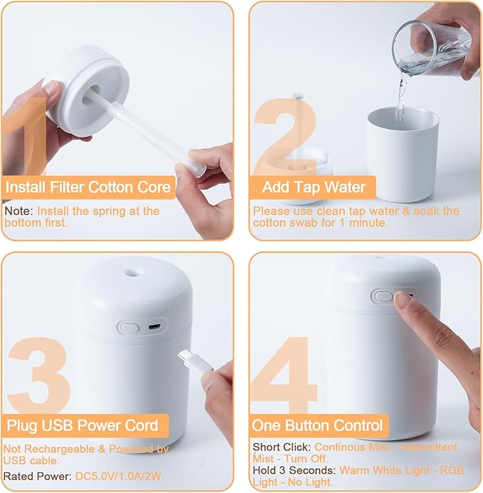 Portable Mini Humidifier, 300ml Small Cool Mist Humidifier, USB Personal Desktop Humidifiers for Bedroom Car Office Home, Auto Shut-Off, 2 Mist Modes, Super Quiet, White