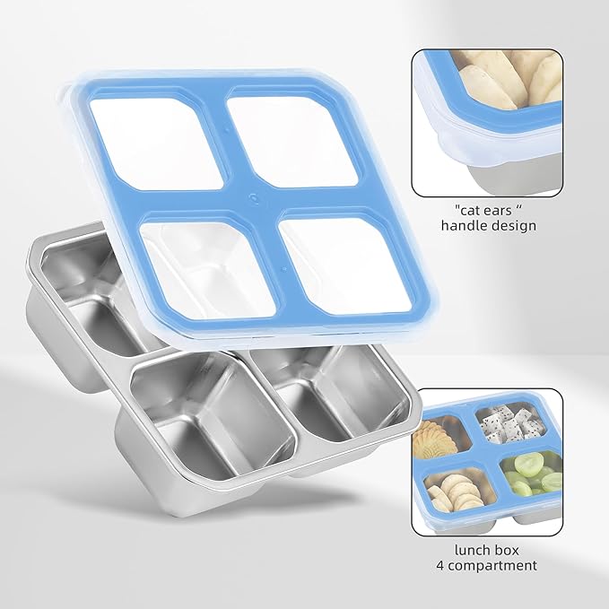 BEFOY 4 Pack Stainless Steel Snack Containers with Lids 4 Compartment Food Storage Containers for Adults & Kids Meal Prep Containers Reusablele (Sky blue, 4)