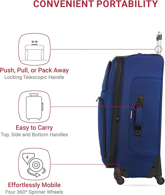 SWISSGEAR Sion Softside Expandable Spinner Luggage Durable Lightweight Travel Suitcase, Blue, Checked-Large