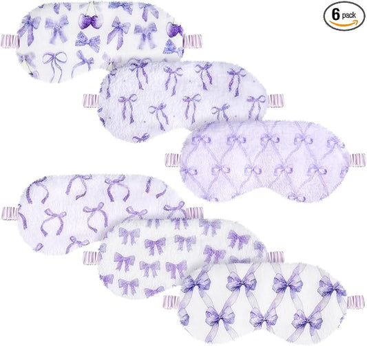 Cuffbow 6 Pack Plush Sleep Mask Set, Cute Plush Eye Masks for Sleeping, Soft Comfortable Travel Nap Blindfold, Sleepover Party Favors for Women(Bow,Purple)