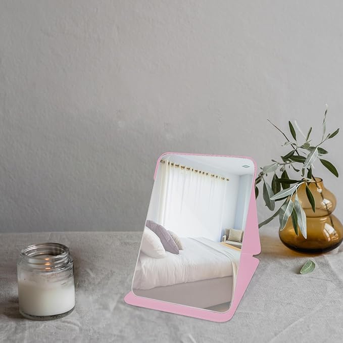 Makeup Mirror, 6x8 Inches Portable PU Leather Mirror, Folding Desktop Vanity Mirror with Adjustable Stand for Vanity Table, Office, Travel (M, Pink)