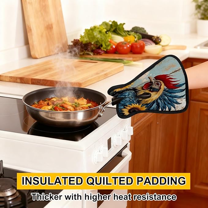 Rural Farmhouse Rooster Pot Holders with Pockets 2 PCS, Heat Resistant Oven Mitts Hot Pads for Kitchen Baking Cooking, Square Thick Pot Holders Kitchen Hot Potholders, 8.5x10 Inches