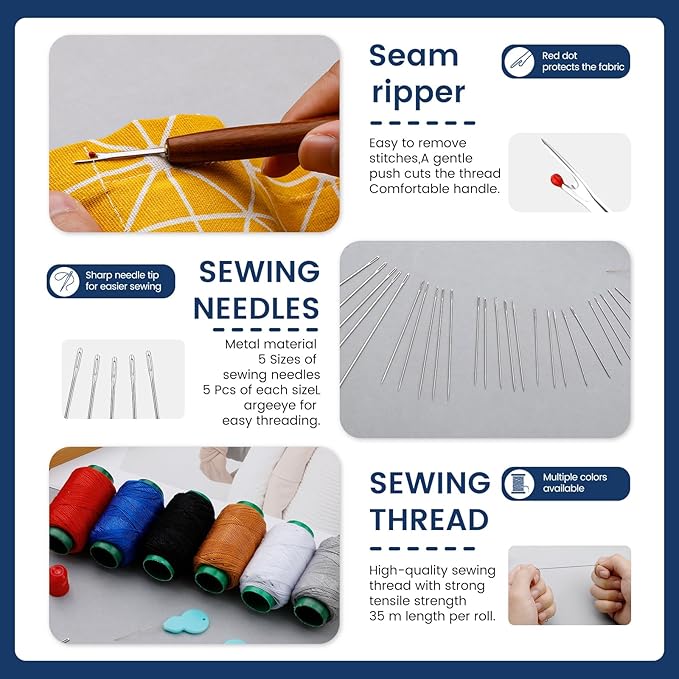 TLKKUE Sewing Kit for Adults, Steel Needles for Hand Sewing, 40 Pcs Sewing Kit with Sewing Needles Storage Bag Threads Thimbles Seam Rippers for Repair Clothing(6-Color Upholstery Thread)