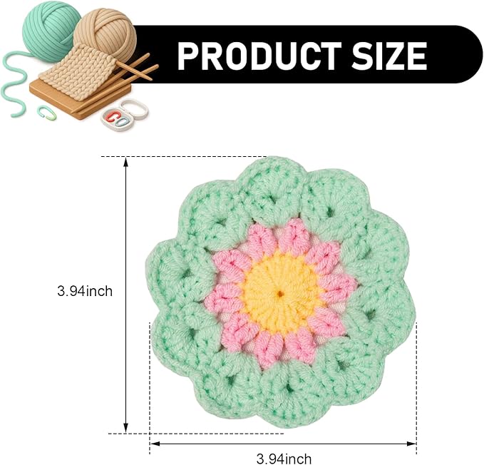 2 PCS Car Flower Coasters, Handmade Crochet Cotton Floral Insert Pad, Non-Slip Absorbent Insulated Placemat, Universal Boho Cute Decor Interior Accessory for Women Girls (Green)