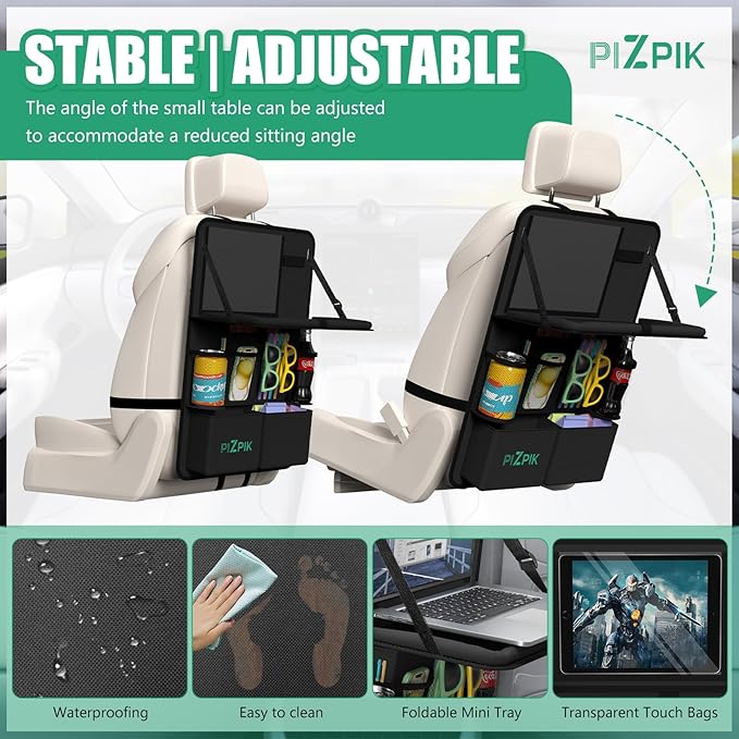 Plzpik Car Backseat Organizer with Tray(2Pack),11 Storage Pockets with Foldable Food Tray, Protector Kick Mats for Kids, Travel Accessories Organizer (Black)