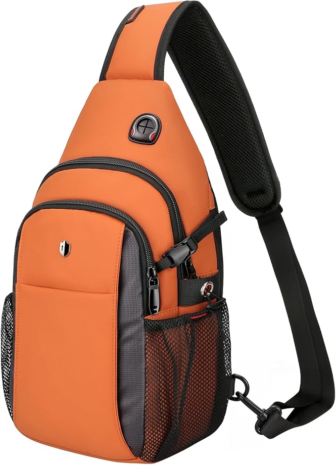 Anti-Theft Sling Bag for Men & Women, Water Resistant Crossbody Backpack, Travel Hiking Chest Pack Fits 11 inch iPad & Switch 2, Orange with Side Pocket