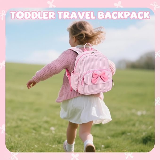 BTOOP Toddler Backpack for Girls 2-4 Preschool Kindergarten Backpacks with Insulated Pocket Cute Kids Daycare Bags School Travel (Pink Bow Stripes)