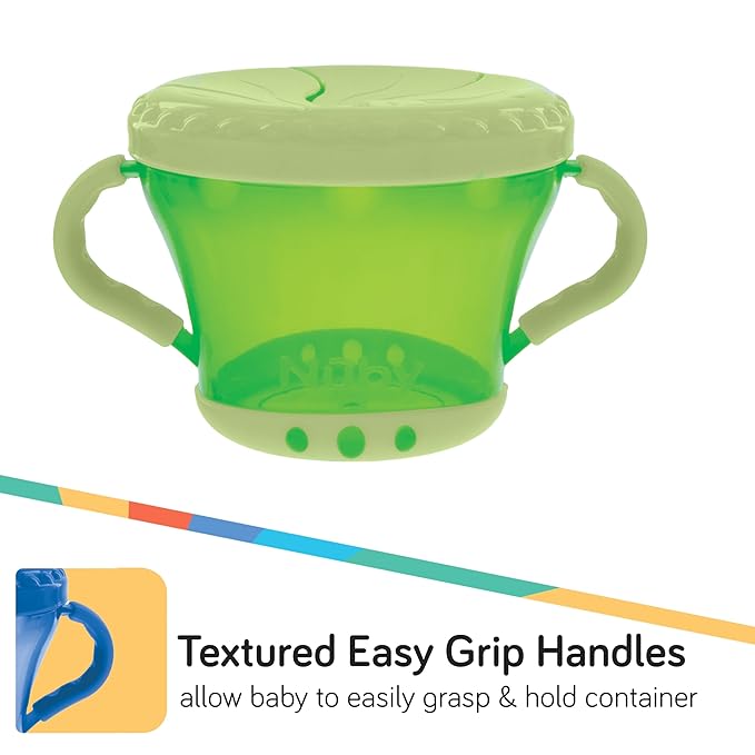 Nuby Toddler Snack Cups with Soft Flaps Lids - (2 Pack) 9 oz - Spill-Resistant Snack Containers for Kids - Portable Food Holders for Travel or Home - Blue and Green