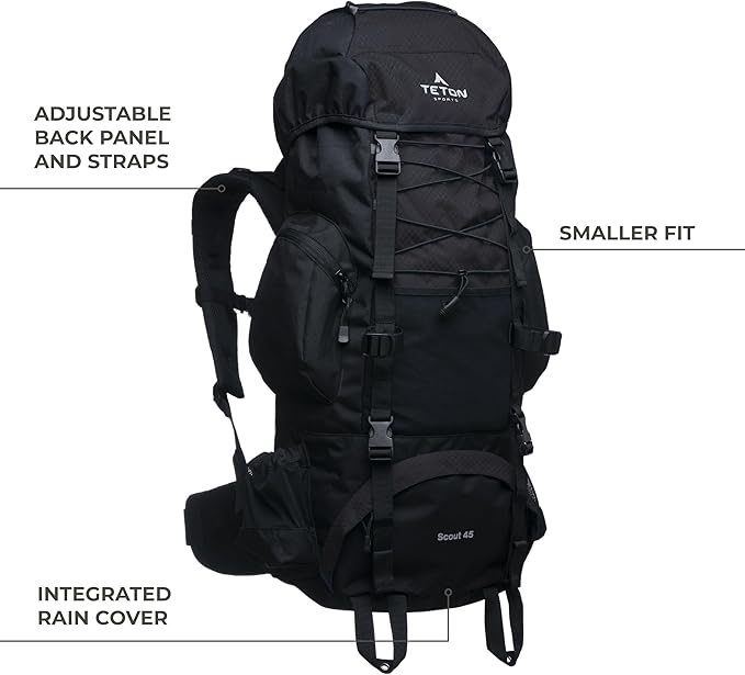 Teton 65L Scout Internal Frame Backpack for Hiking, Camping, Backpacking, Travel, Rain Cover Included, Pacific