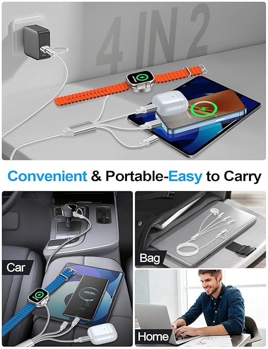 Travel Essentials,Multi Charging Cable for Apple Watch Charger/iPhone Charger/Samsung Charger,USB A & Type C Power Cable for iWatch Ultra/10-2/iPhone 17-11/Samsung S26,Serial Cables,Car[1.5M]