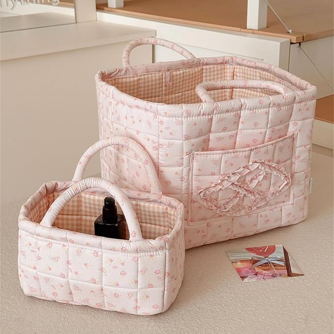 Floral Fabric Storage Basket Car Interior Storage Basket Underwear Sundries Laundry Baskets Supplies Home Organizer Bag (pink bow 1)